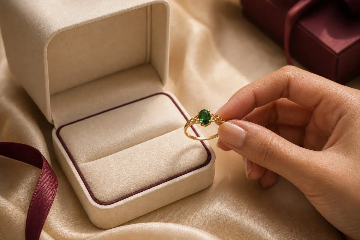 A green-stone ring held beside a cream jewelry gift box
