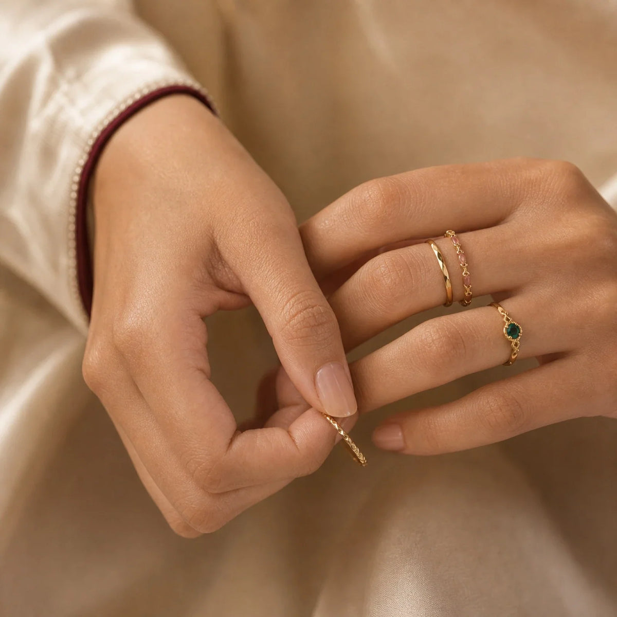 Ainaz rings styled together on a hand