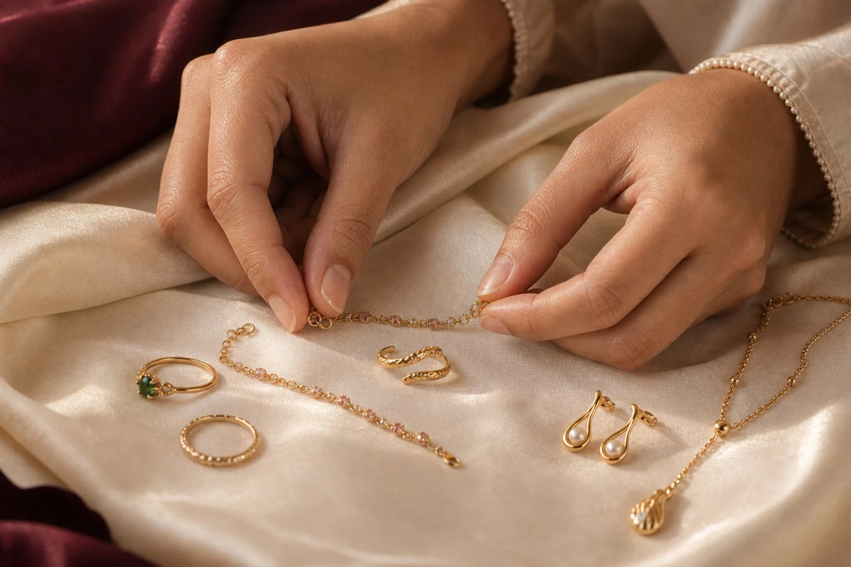 Hands arranging jewellery on a dressing table